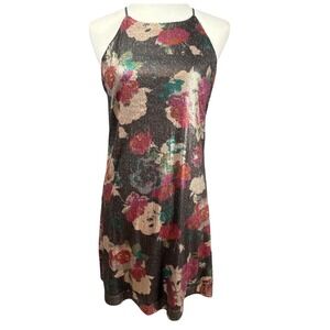 Sequin Floral Halter Mini Dress Sz M Shimmery Boho Glam Party Cocktail Y2K Vibes
